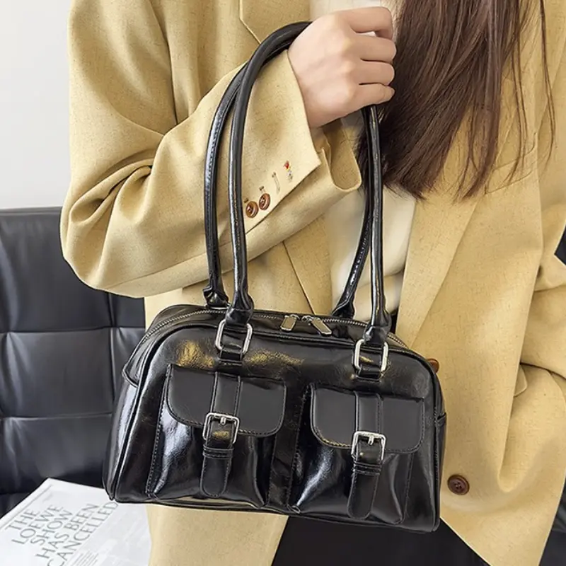 Retro PU Leather Double Pockets Underarm Bags For Women 2025 Winter Y2K New Korean Fashion Female Shoulder Bag Stylish Handbags