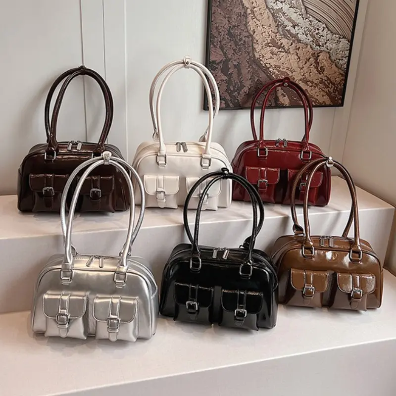 Retro PU Leather Double Pockets Underarm Bags For Women 2025 Winter Y2K New Korean Fashion Female Shoulder Bag Stylish Handbags
