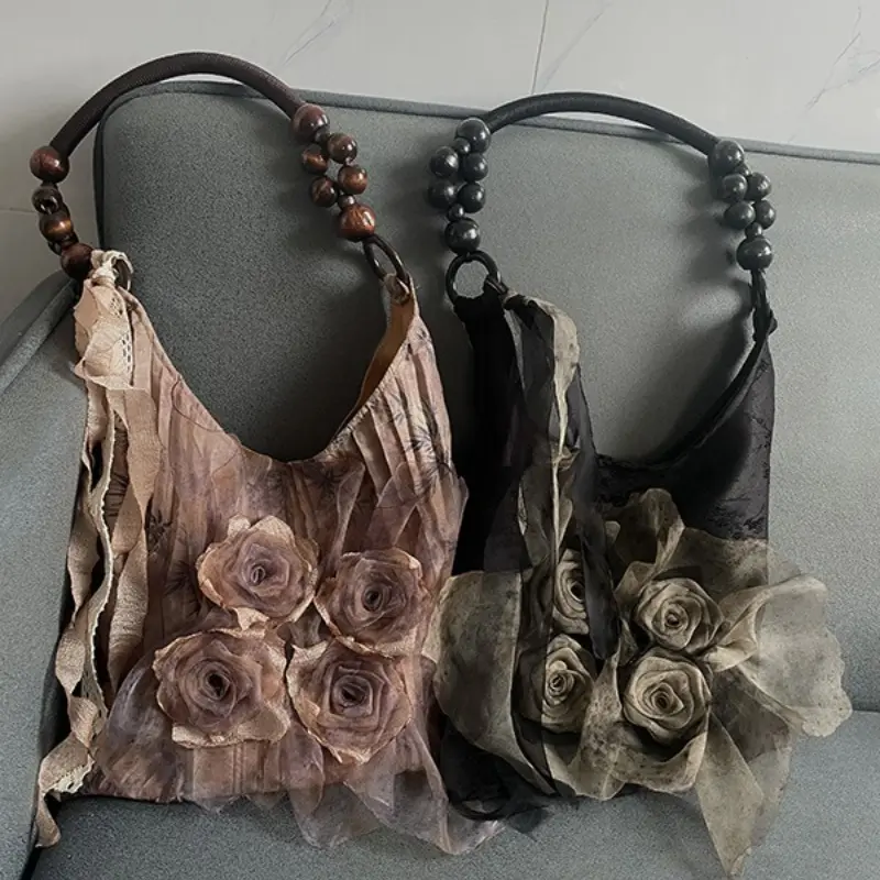 Chinese Style Rose Decor Shoulder Bags Fashion Commuter Tote Bags Classic Pleated Handbags High Quality Women Underarm Bags