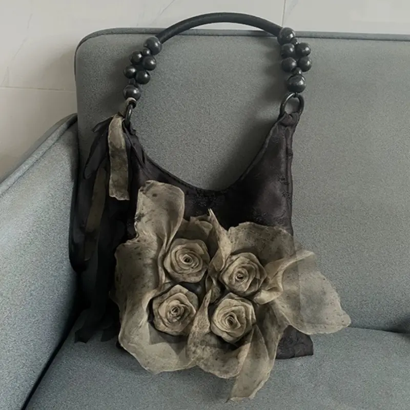 Chinese Style Rose Decor Shoulder Bags Fashion Commuter Tote Bags Classic Pleated Handbags High Quality Women Underarm Bags