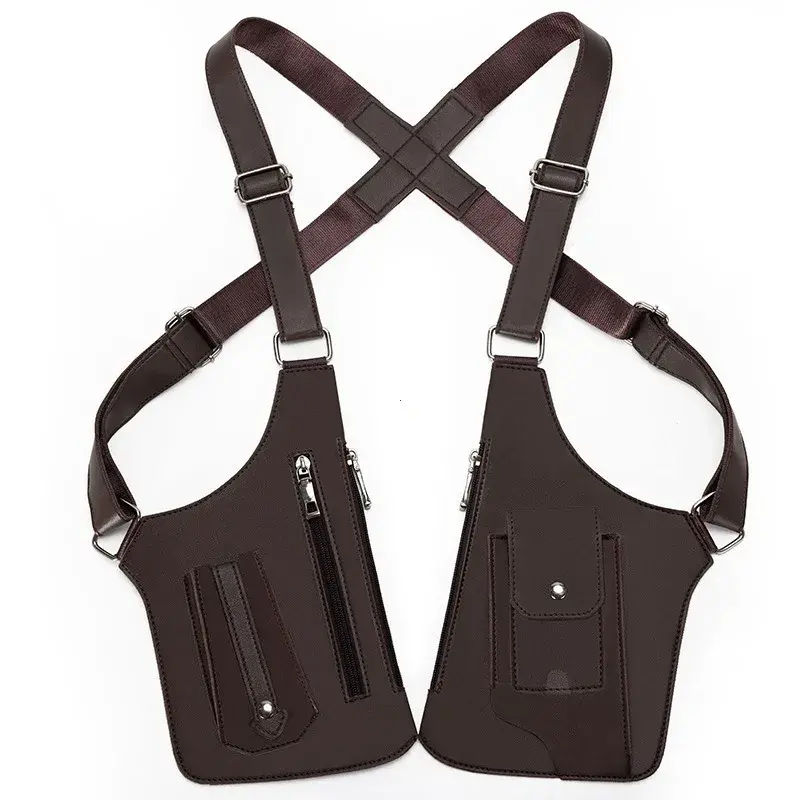 Double Shoulder Strap Multi-Pocket Outdoor Anti-Theft Tactical Vest Chest Bag Waterproof PU Leather Men's Back Crossbody Bags