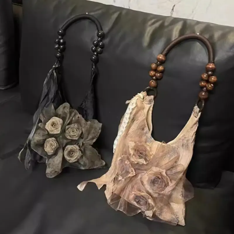 Chinese Style Rose Decor Shoulder Bags Fashion Commuter Tote Bags Classic Pleated Handbags High Quality Women Underarm Bags
