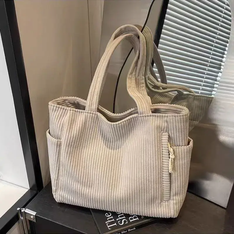 Women Corduroy Tote Bag with Zipper Closure Casual Multi Pocket Handbag Large Capacity Fixed Shoulder Strap Commute Shoulder Bag