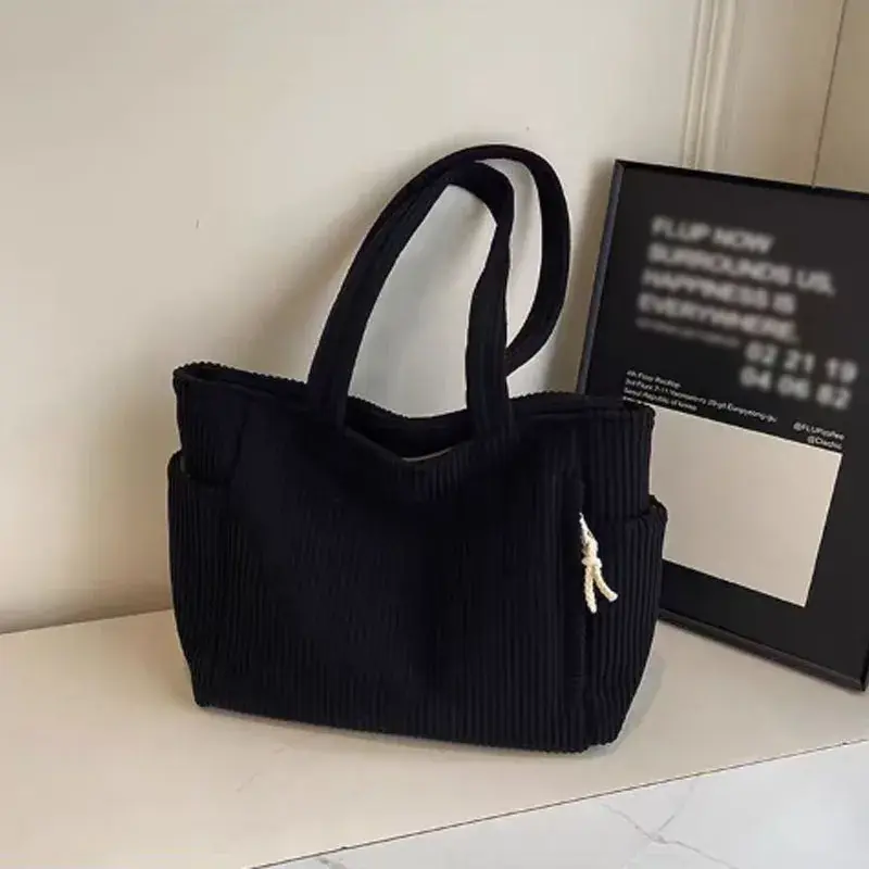 Women Corduroy Tote Bag with Zipper Closure Casual Multi Pocket Handbag Large Capacity Fixed Shoulder Strap Commute Shoulder Bag