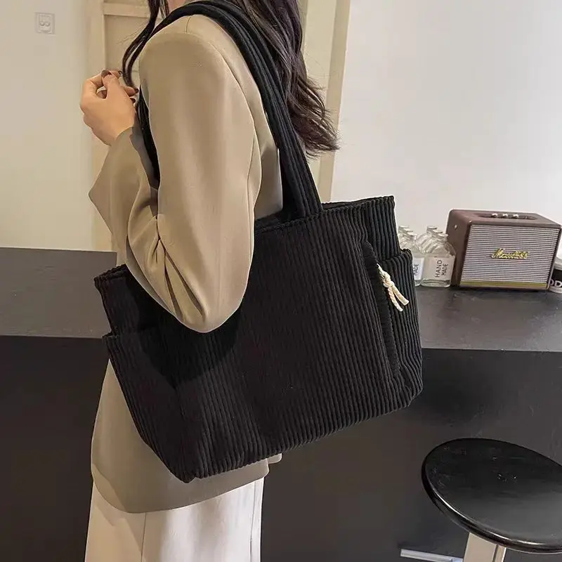 Women Corduroy Tote Bag with Zipper Closure Casual Multi Pocket Handbag Large Capacity Fixed Shoulder Strap Commute Shoulder Bag