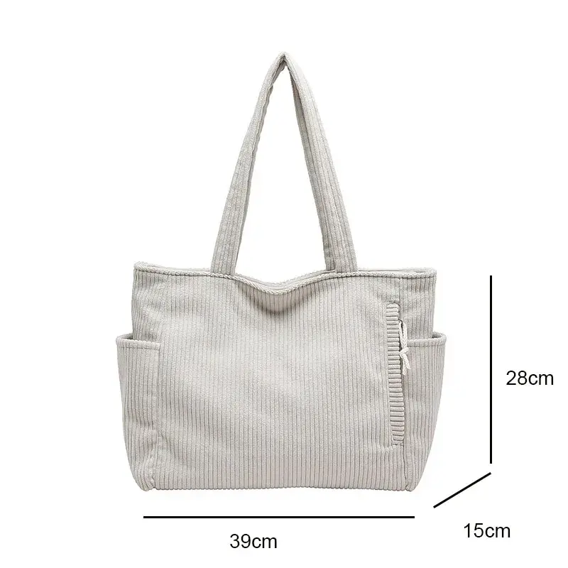 Women Corduroy Tote Bag with Zipper Closure Casual Multi Pocket Handbag Large Capacity Fixed Shoulder Strap Commute Shoulder Bag