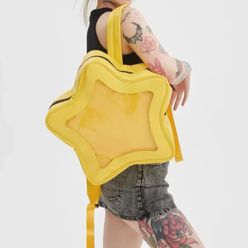 Yellow Star Backpack PU Leather Shoulder Bag Cute Teenage Girl Kawaii Women Schoolbag Knapsack Y2K Spicy Girl Travel Backpack