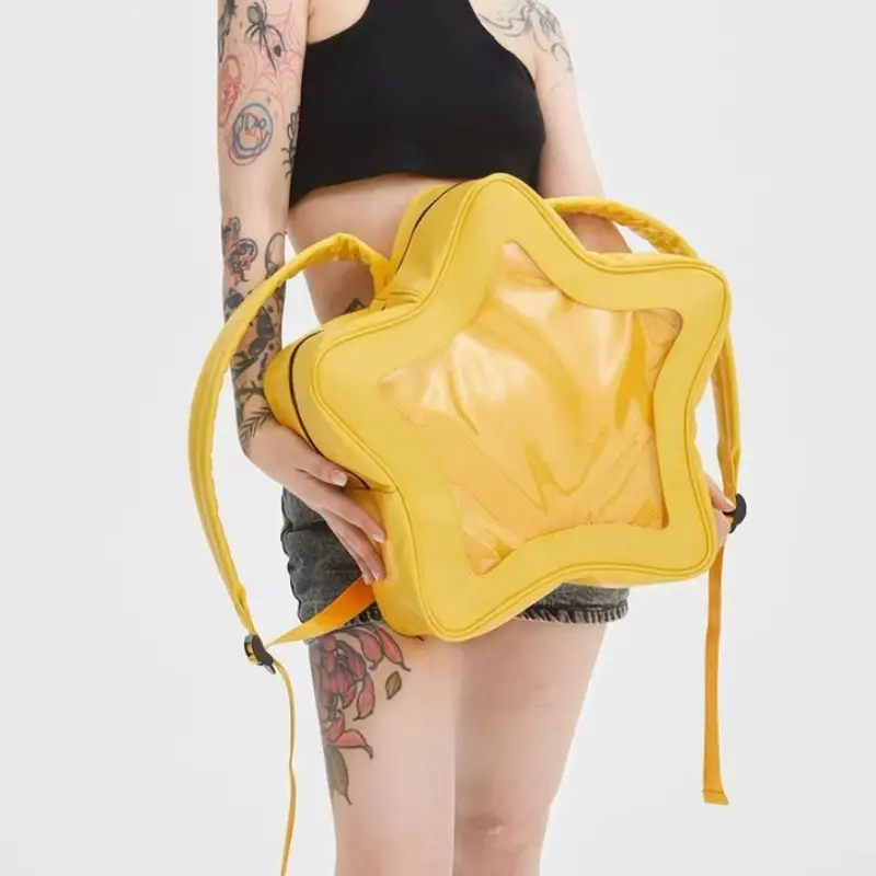 Yellow Star Backpack PU Leather Shoulder Bag Cute Teenage Girl Kawaii Women Schoolbag Knapsack Y2K Spicy Girl Travel Backpack