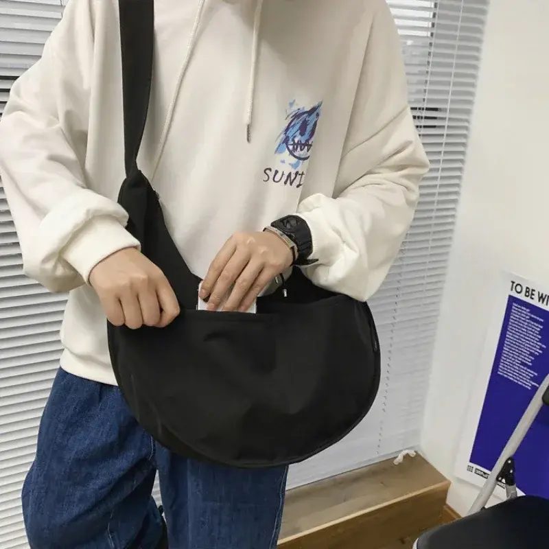 Y2k Crossbody Bags Men Solid Color Large Capacity Hobos Unisex Harajuku Japanese Style Nylon Waterproof Travel Shoulder Handbags