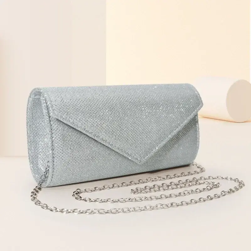 Women Envelope Evening Bag Glitter Ladies Chain Shoulder Bags Shiny Silver Long Purse Female Wedding Party Clutches Mini Handbag