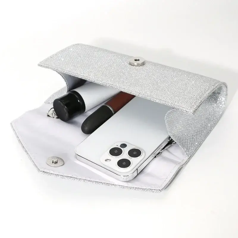 Women Envelope Evening Bag Glitter Ladies Chain Shoulder Bags Shiny Silver Long Purse Female Wedding Party Clutches Mini Handbag