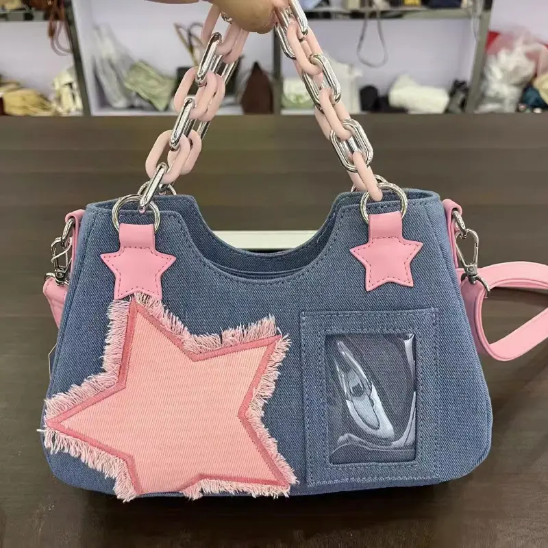 Korean Fashion Shoulder Underarm Harajuku Star Tote Denim Bag Chain Ladies Bags Zip Purses Handbags Women 2025 Luxury Square Bag