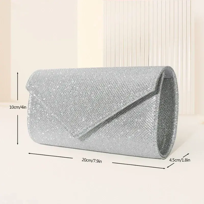 Women Envelope Evening Bag Glitter Ladies Chain Shoulder Bags Shiny Silver Long Purse Female Wedding Party Clutches Mini Handbag