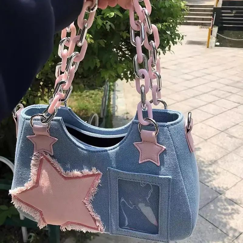 Korean Fashion Shoulder Underarm Harajuku Star Tote Denim Bag Chain Ladies Bags Zip Purses Handbags Women 2025 Luxury Square Bag