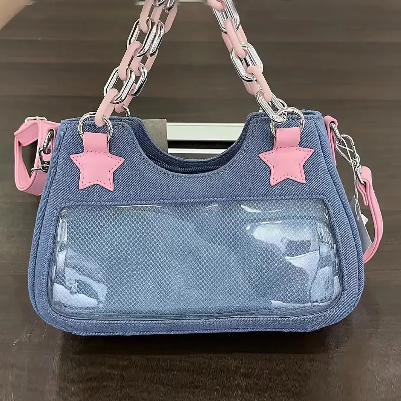 Korean Fashion Shoulder Underarm Harajuku Star Tote Denim Bag Chain Ladies Bags Zip Purses Handbags Women 2025 Luxury Square Bag