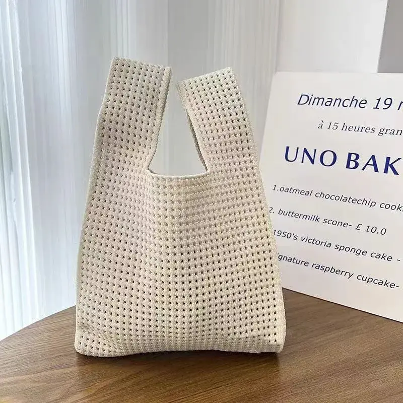 Handmade Knit Handbag Women Mini Knot Wrist-bag Female Casual Color Wide Stripe Plaid Tote Bag Student Reusable Shopping Bag