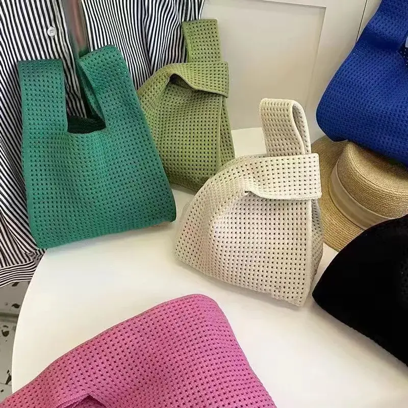 Handmade Knit Handbag Women Mini Knot Wrist-bag Female Casual Color Wide Stripe Plaid Tote Bag Student Reusable Shopping Bag
