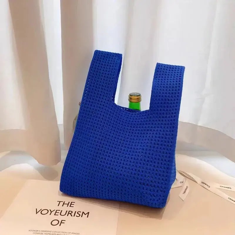 Handmade Knit Handbag Women Mini Knot Wrist-bag Female Casual Color Wide Stripe Plaid Tote Bag Student Reusable Shopping Bag