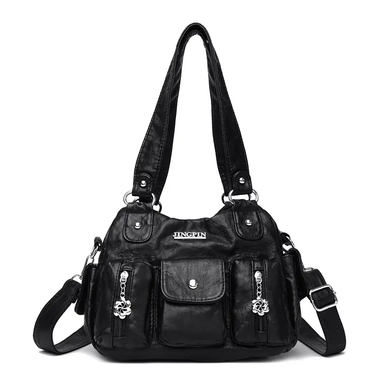 Retro Leather Female Multi-pockets Shoulder Crossbody Bags for Women Mother 2 Layers Large Capacity Handbag Messenger Tote Bag