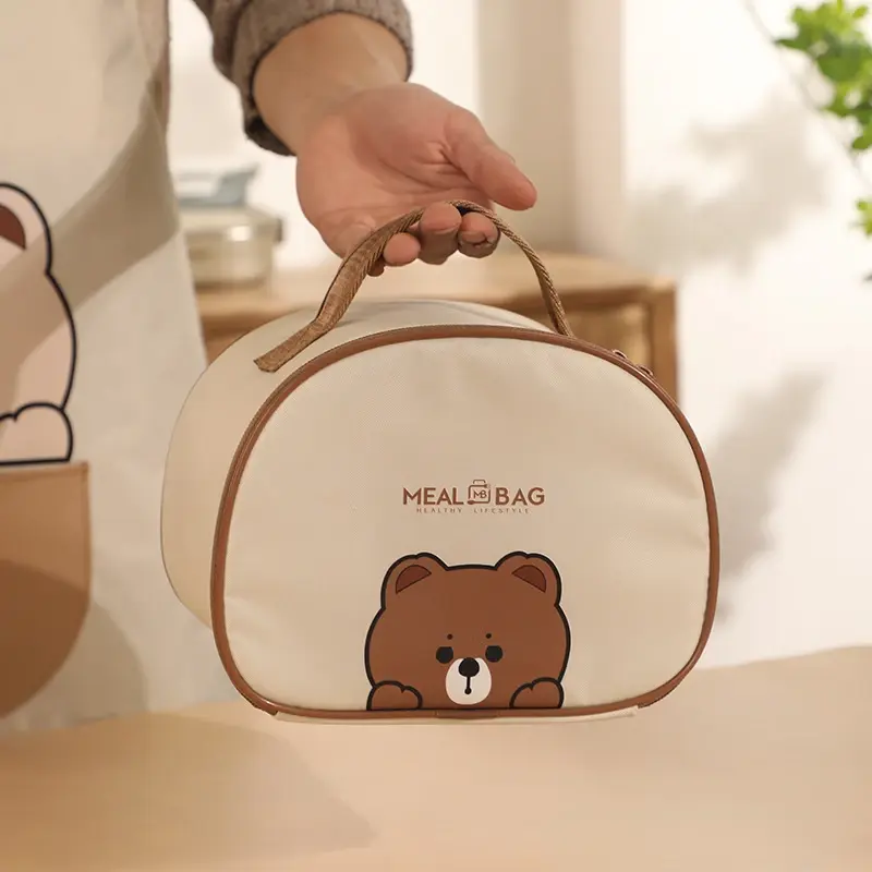 Lunch Bags Leather Bear Kids Large Capacity Bento Pouch for Children Thermal Insulated Cooler with Tableware Cup Tote Picnic Box