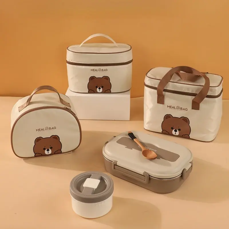 Lunch Bags Leather Bear Kids Large Capacity Bento Pouch for Children Thermal Insulated Cooler with Tableware Cup Tote Picnic Box