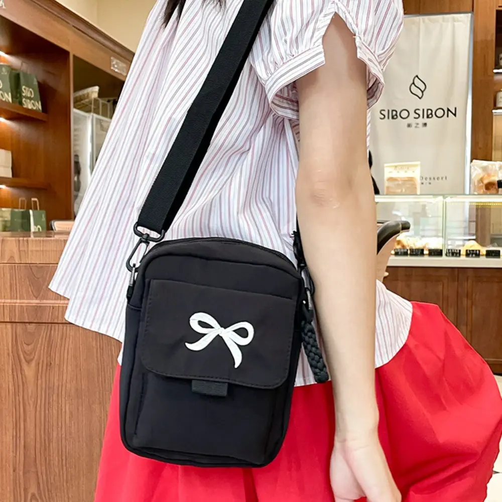 Fashion Bow Women's Nylon Shoulder Bag Solid Color Versatile Mini Crossbody Bag Trendy Multi-purpose Mobile Phone Storage Bag