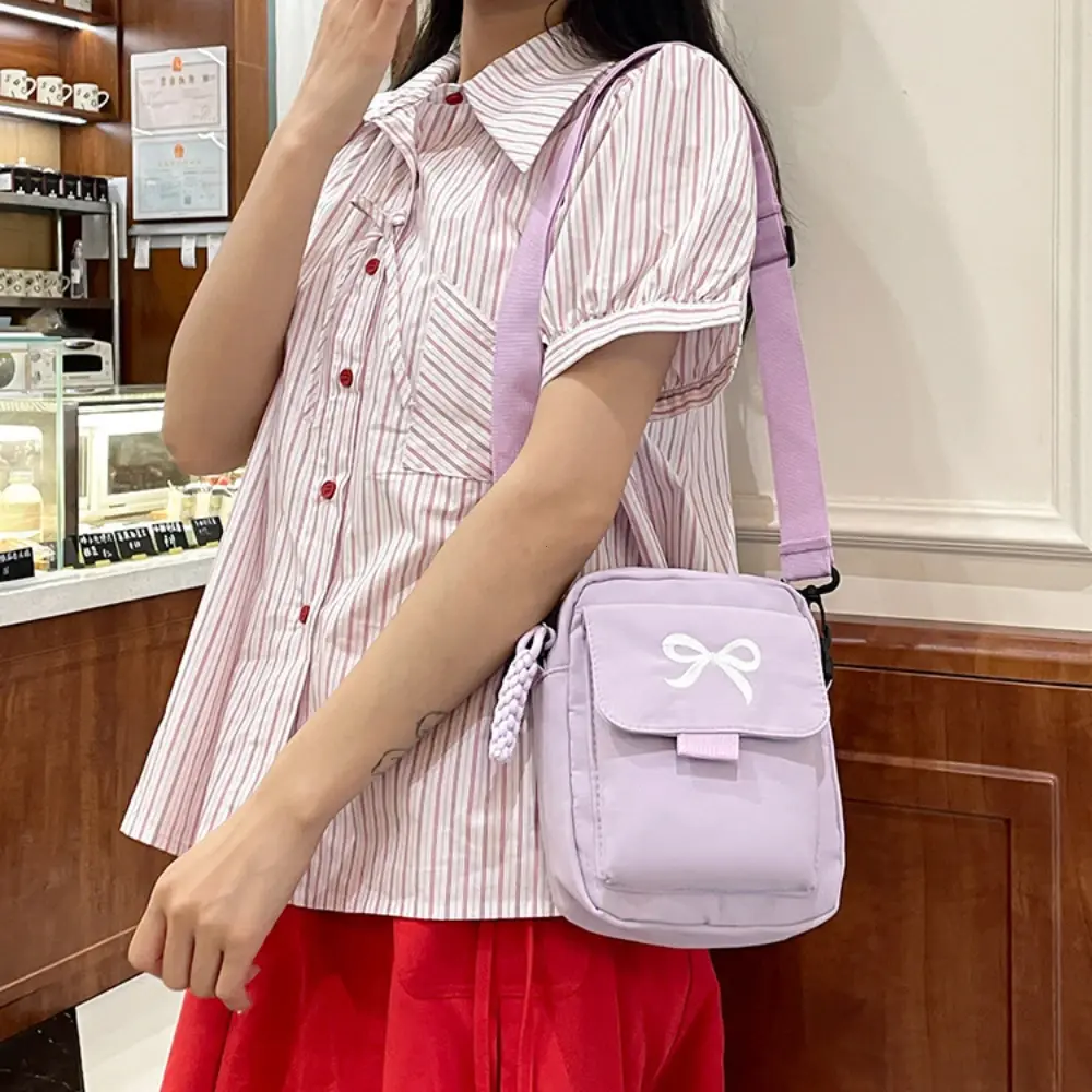 Fashion Bow Women's Nylon Shoulder Bag Solid Color Versatile Mini Crossbody Bag Trendy Multi-purpose Mobile Phone Storage Bag