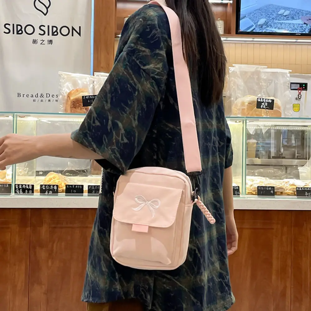 Fashion Bow Women's Nylon Shoulder Bag Solid Color Versatile Mini Crossbody Bag Trendy Multi-purpose Mobile Phone Storage Bag