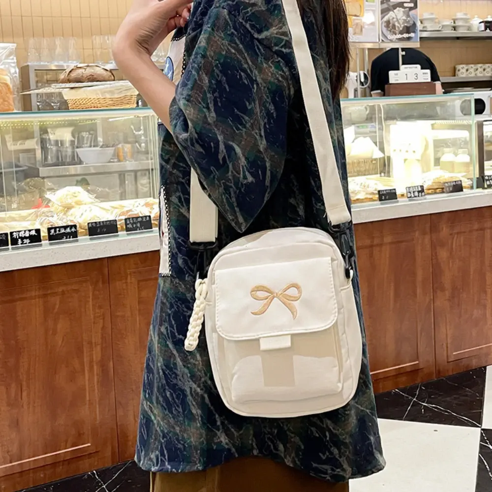 Fashion Bow Women's Nylon Shoulder Bag Solid Color Versatile Mini Crossbody Bag Trendy Multi-purpose Mobile Phone Storage Bag