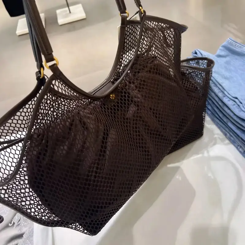 NEW PU Leather Mesh Beach Bag Women's Large Capacity Hollow Shoulder Tote Bag Fashion Foldable Mesh Cluth Bag With Inside Pocket