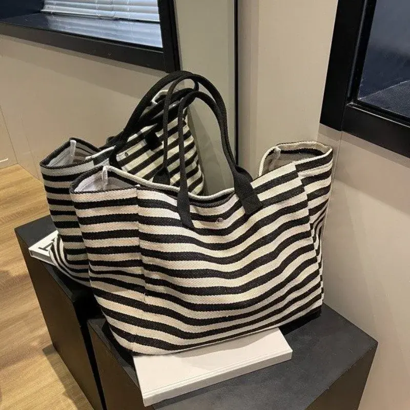 Casual Striped Canvas Bag For Women Large Capacity Shoulder Bag Daily Shopping Totes Student Bookbag for School Travel Beach Bag