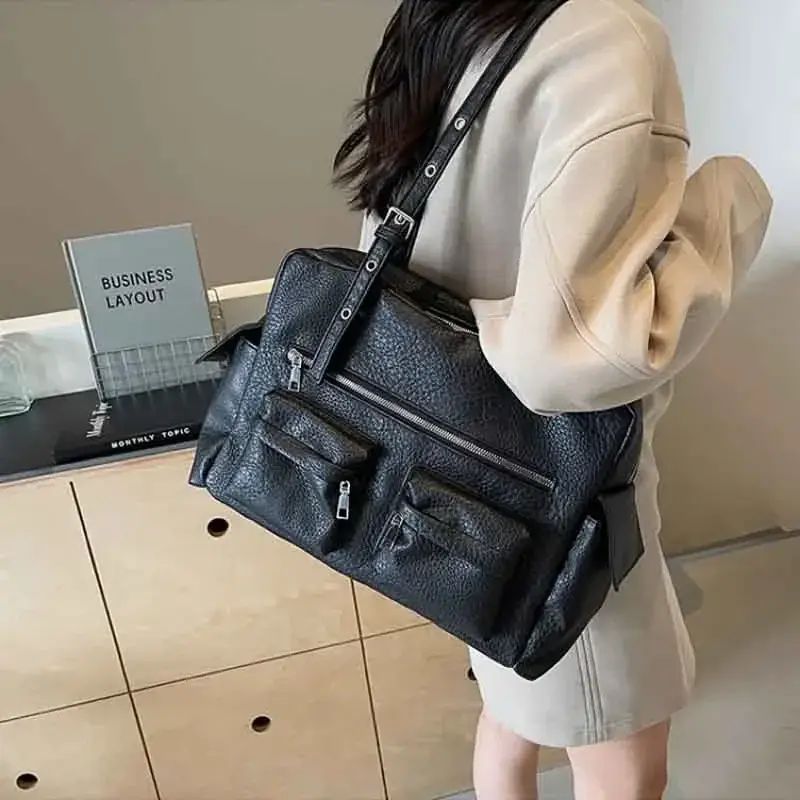 Women PU Leather Shoulder Bag Multi-Pockets Underarm Bag Solid Versatile Commuting Handbag Adjustable Strap Armpit Tote Bag