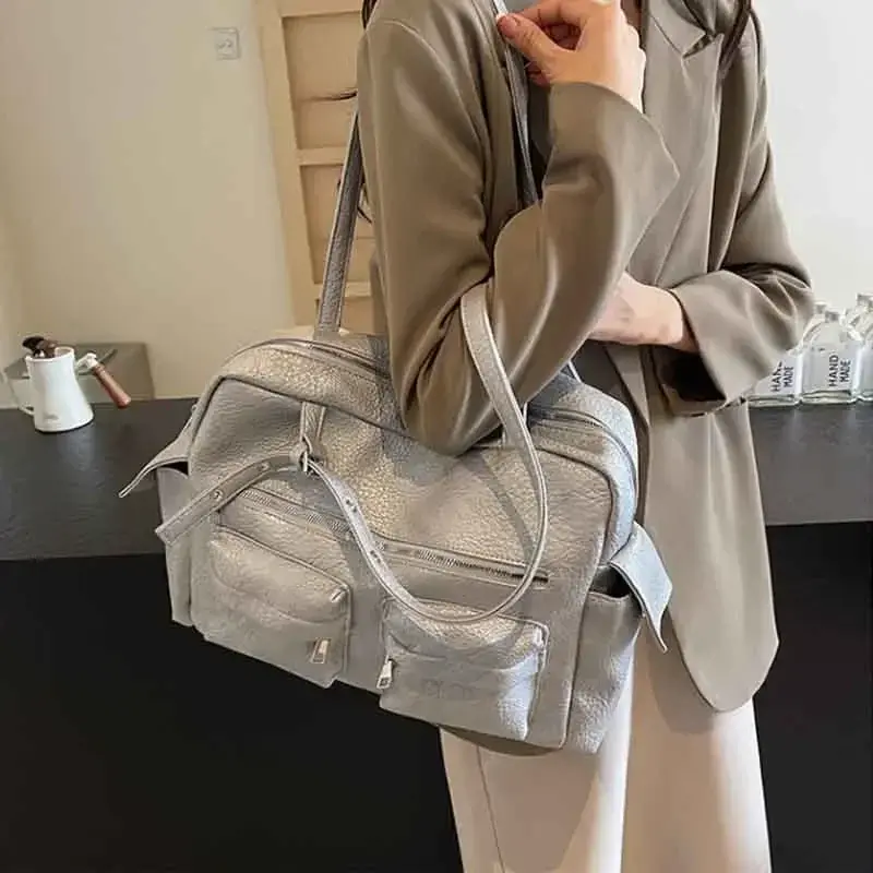 Women PU Leather Shoulder Bag Multi-Pockets Underarm Bag Solid Versatile Commuting Handbag Adjustable Strap Armpit Tote Bag