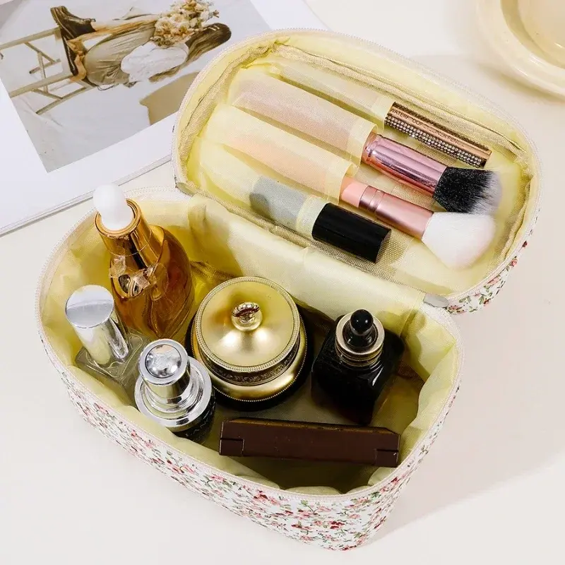 Women Cotton Makeup Bags Vintage Cosmetic Case Flower Large Capacity Tote Portable Cosmetic Storage Handbag Travel Organizer Bag