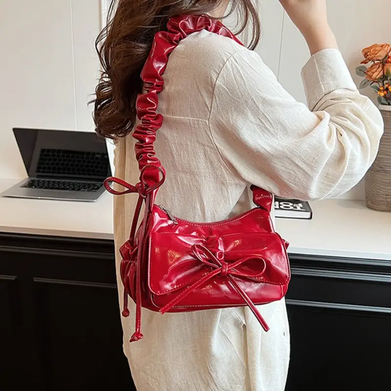 Cute Bow Design PU Leather Crossbody Bags for Women 2025 Y2K Trend Fashion Pleated Shoulder Bag Lady New Handbags And Purses