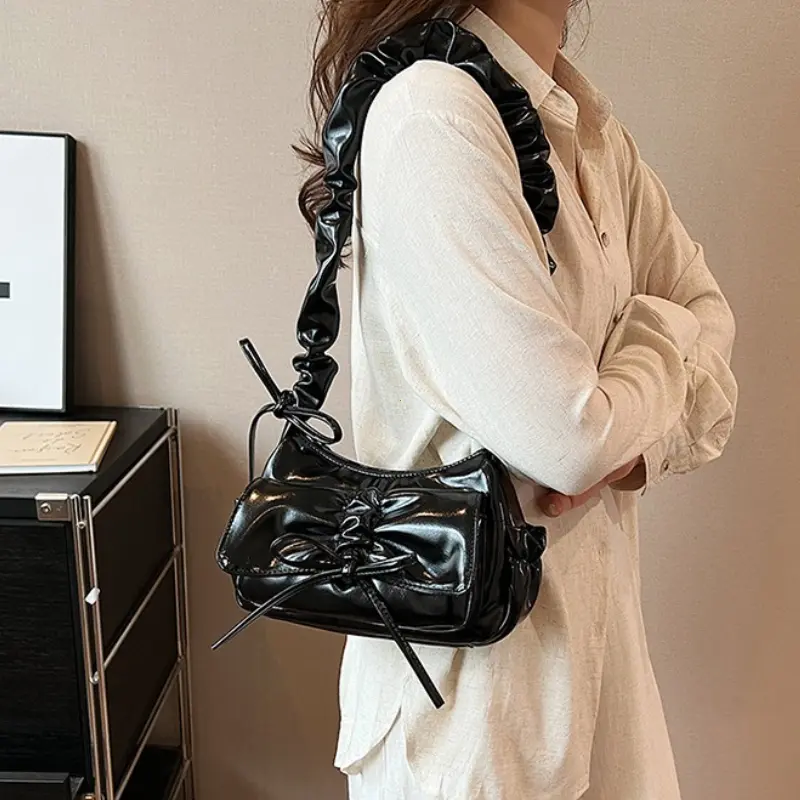 Cute Bow Design PU Leather Crossbody Bags for Women 2025 Y2K Trend Fashion Pleated Shoulder Bag Lady New Handbags And Purses