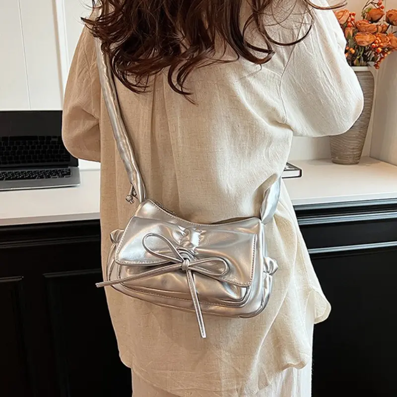Cute Bow Design PU Leather Crossbody Bags for Women 2025 Y2K Trend Fashion Pleated Shoulder Bag Lady New Handbags And Purses