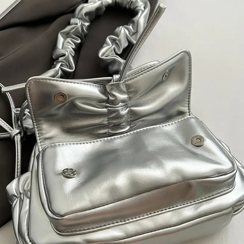 Cute Bow Design PU Leather Crossbody Bags for Women 2025 Y2K Trend Fashion Pleated Shoulder Bag Lady New Handbags And Purses