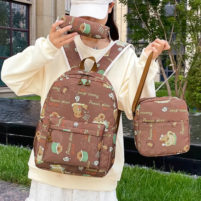 3Pcs Cute Capybara Print Backpacks Primary and Secondary Students School Bags With Lunch Bags For Travel Casual Outdoor Knapsack