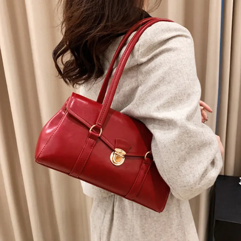 England Style Retro Shoulder Bags High-Grade Sense Underarm Tote Bag Vintage Red Ladies Commuter Bag PU Leather Handbag Purse