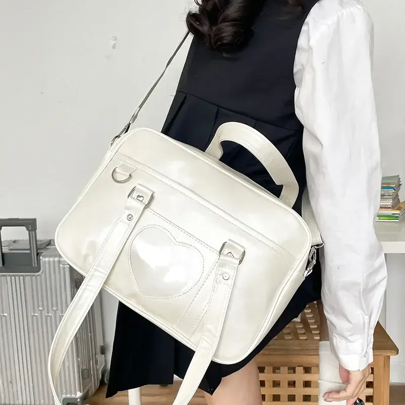 Women Jk School Handbag Large Capacity PU Anime Crossbody Bag Transparent Love Heart Shoulder Uniform Bag for Shopping Commuting