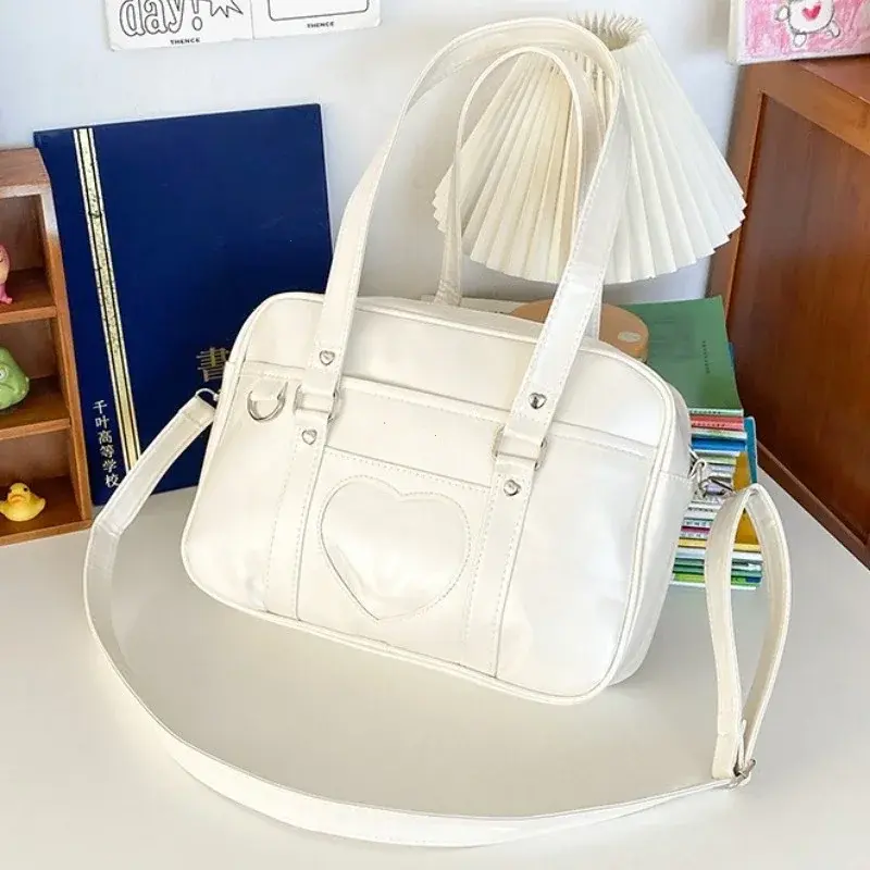 Women Jk School Handbag Large Capacity PU Anime Crossbody Bag Transparent Love Heart Shoulder Uniform Bag for Shopping Commuting