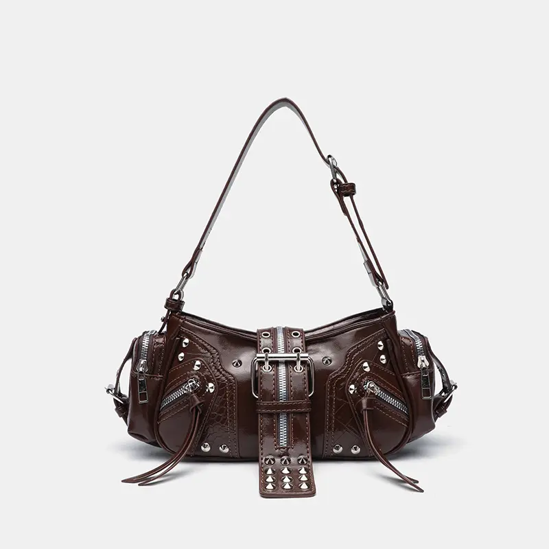 Women's Y2k Punk Vintage Shoulder Purse PU Leather Gothic Rivet Handbag Waist Bag Luxury Black Cross Body Bags with Spikes