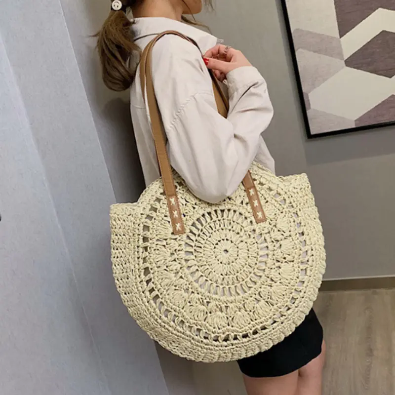 Summer Round Straw Women Vacation Woven Beach Shoulder Bag Large Capacity Hollow Out Simple Tote Bag Travel Beach Bag Handbags
