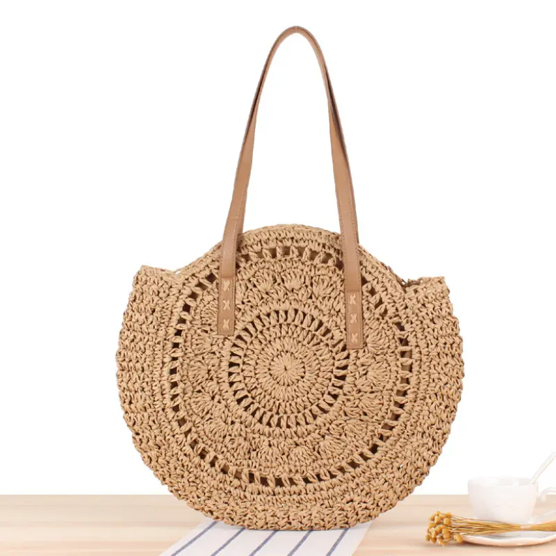 Summer Round Straw Women Vacation Woven Beach Shoulder Bag Large Capacity Hollow Out Simple Tote Bag Travel Beach Bag Handbags