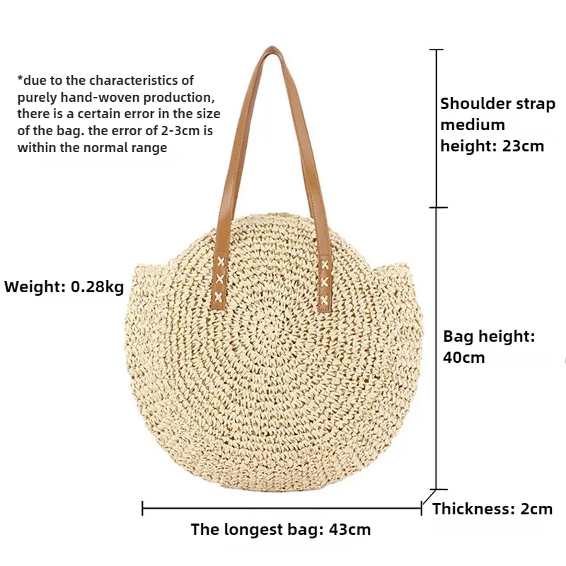 Summer Round Straw Women Vacation Woven Beach Shoulder Bag Large Capacity Hollow Out Simple Tote Bag Travel Beach Bag Handbags
