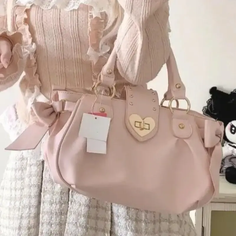 Sweet Bow Lolita Pink Women Handbag Harajuku Japanese Style Love Heart Soft Crossbody Bag Kawaii Large Capacity Shoulder Bag