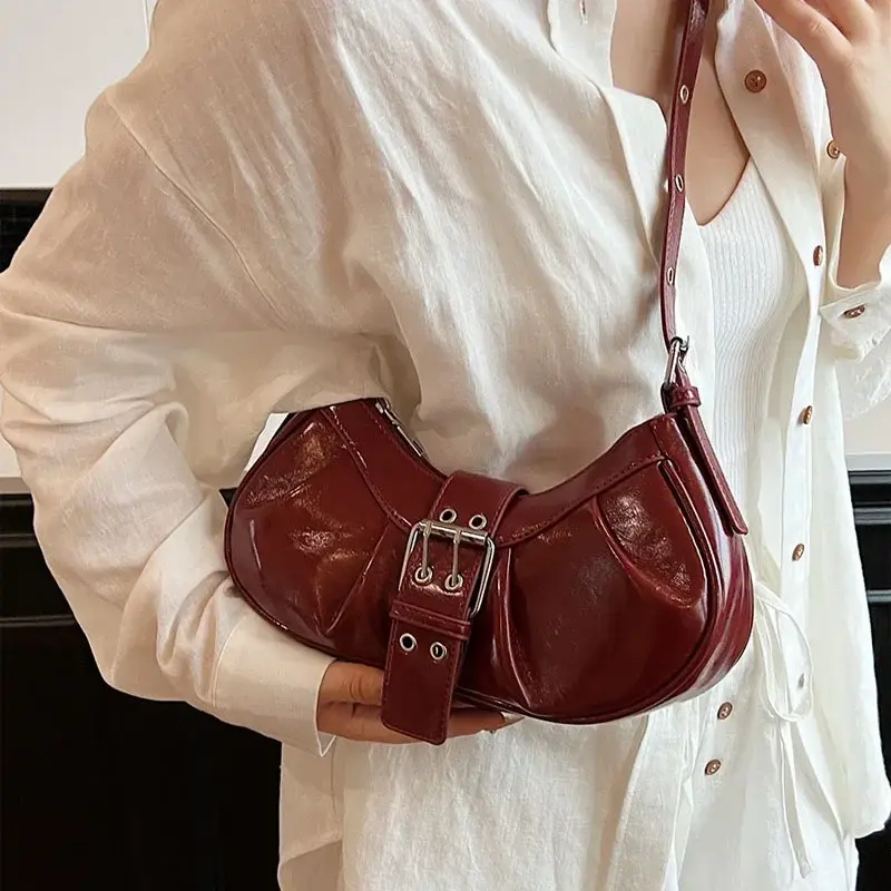Retro Burgundy Underarm Shoulder Bags For Women PU Leather Vintage Female Crossbody Bag 2025 Y2K New Luxury Designer Handbags