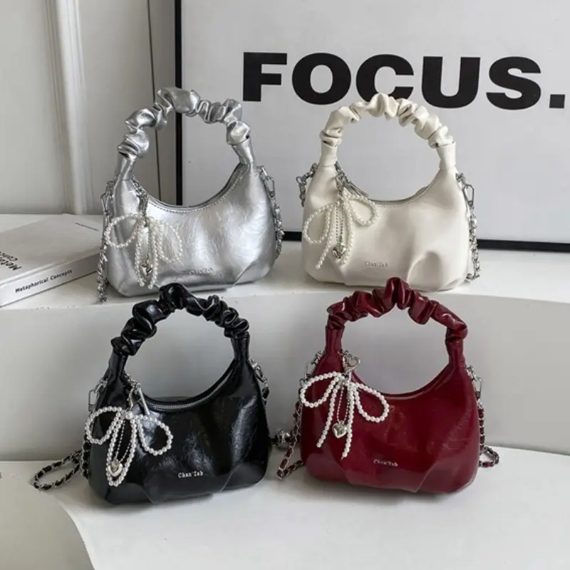 Hot Y2K New Underarm Bags for Women Pleated Handle Design Ladies Pearl Bow Handbag Adjustable Strap Shoulder Crossbody Bag