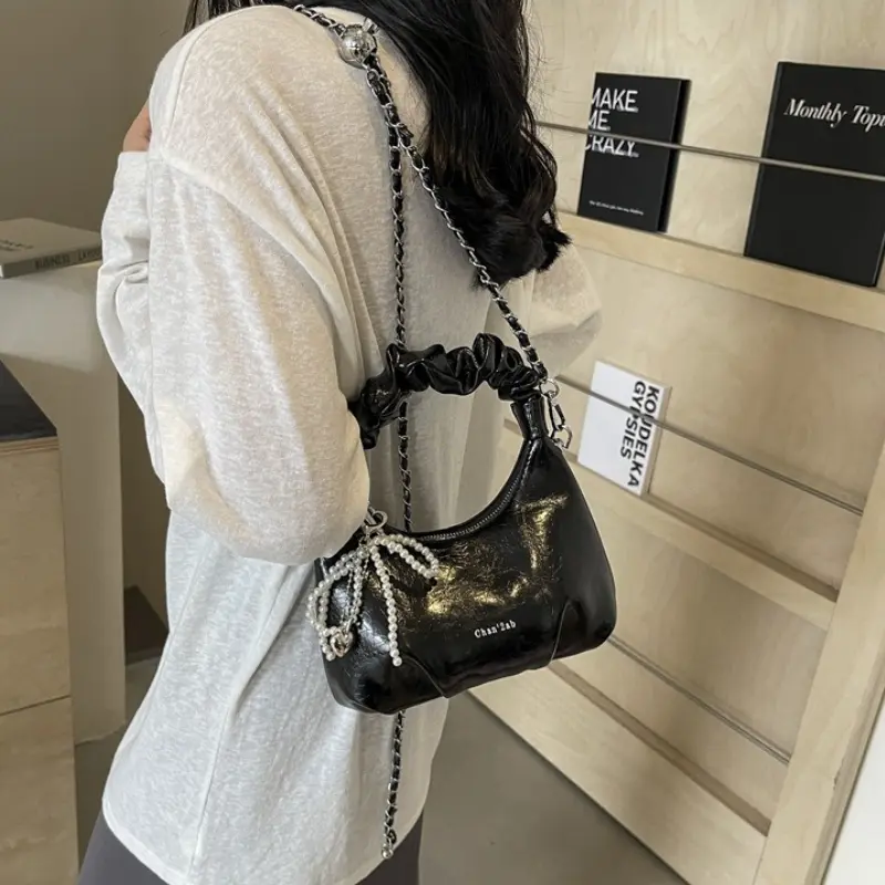 Hot Y2K New Underarm Bags for Women Pleated Handle Design Ladies Pearl Bow Handbag Adjustable Strap Shoulder Crossbody Bag